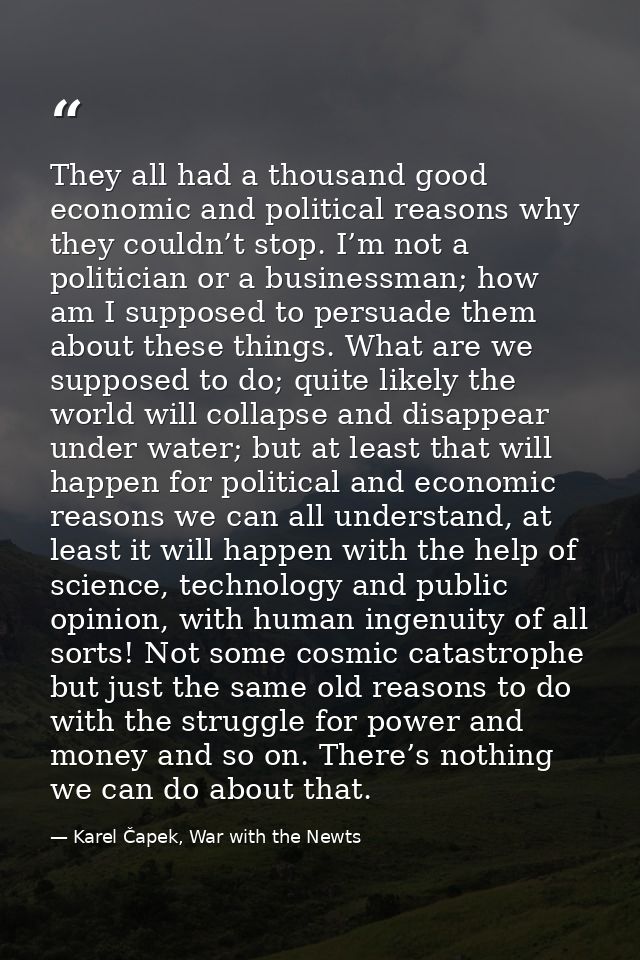 They all had a thousand good economic and political reasons why they couldn’t stop. I’m not a politician or a businessma — Karel Čapek, War with the Newts