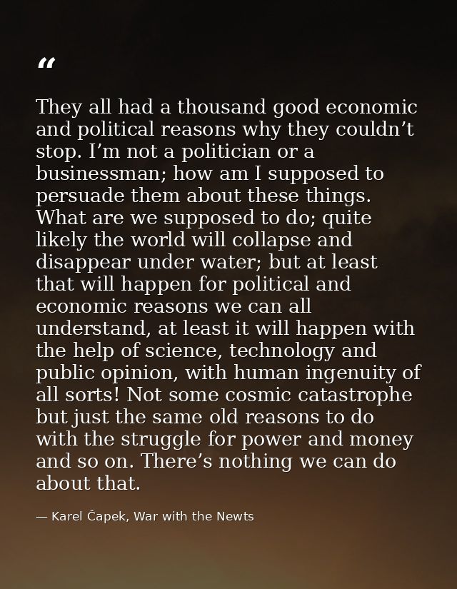 They all had a thousand good economic and political reasons why they couldn’t stop. I’m not a politician or a businessma — Karel Čapek, War with the Newts