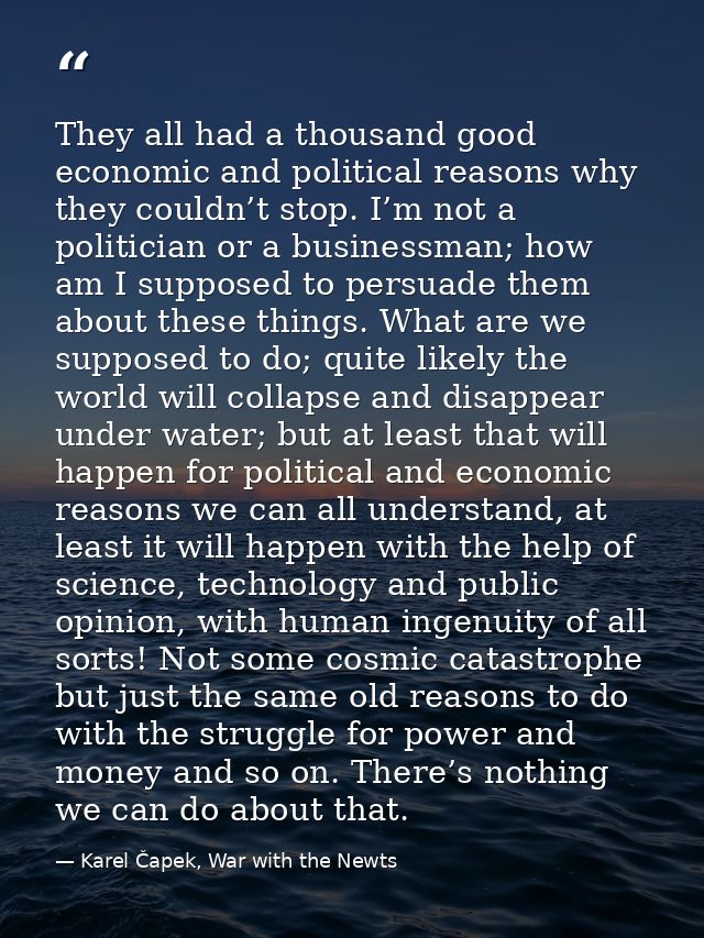 They all had a thousand good economic and political reasons why they couldn’t stop. I’m not a politician or a businessma — Karel Čapek, War with the Newts