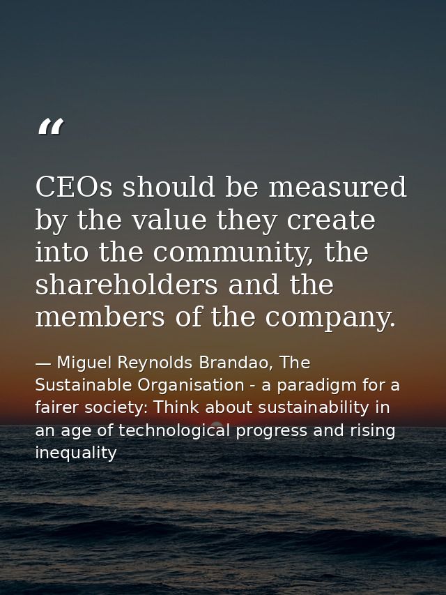 CEOs should be measured by the value they create into the community, the shareholders and the members of the company. — Miguel Reynolds Brandao, The Sustainable Organisation - a paradigm for a fairer society: Think about sustainability in an age of technological progress and rising inequality