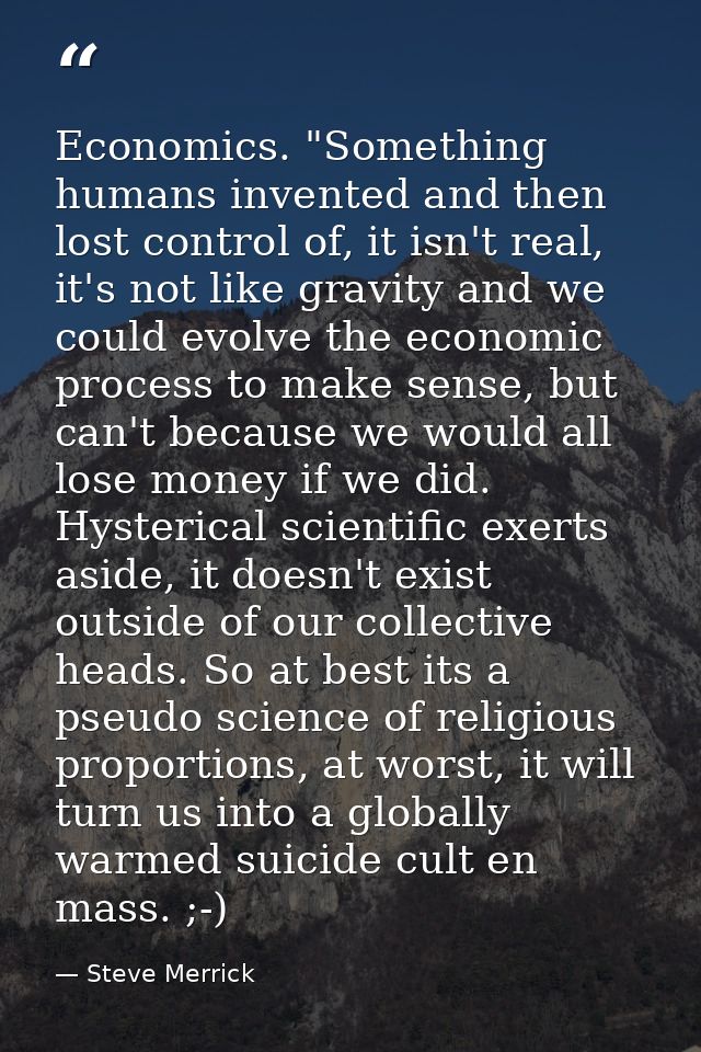 Economics. "Something humans invented and then lost control of, it isn't real, it's not like gravity and we could evolve — Steve Merrick