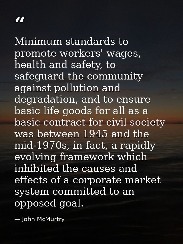 Minimum standards to promote workers' wages, health and safety, to safeguard the community against pollution and degrada — John McMurtry