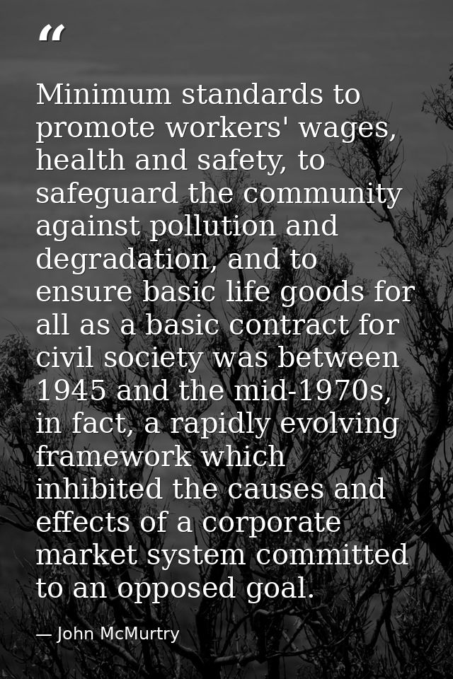 Minimum standards to promote workers' wages, health and safety, to safeguard the community against pollution and degrada — John McMurtry
