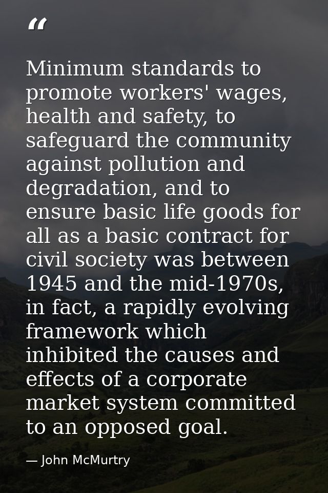 Minimum standards to promote workers' wages, health and safety, to safeguard the community against pollution and degrada — John McMurtry