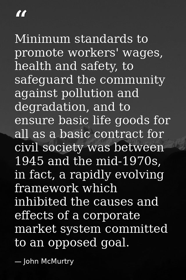 Minimum standards to promote workers' wages, health and safety, to safeguard the community against pollution and degrada — John McMurtry