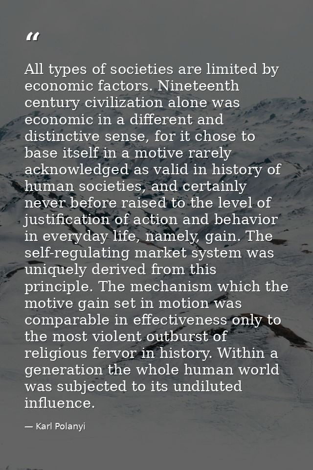 All types of societies are limited by economic factors. Nineteenth century civilization alone was economic in a differen — Karl Polanyi