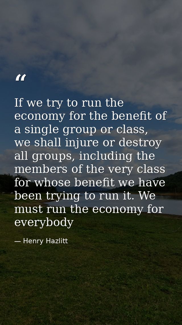 If we try to run the economy for the benefit of a single group or class, we shall injure or destroy all groups, includin — Henry Hazlitt