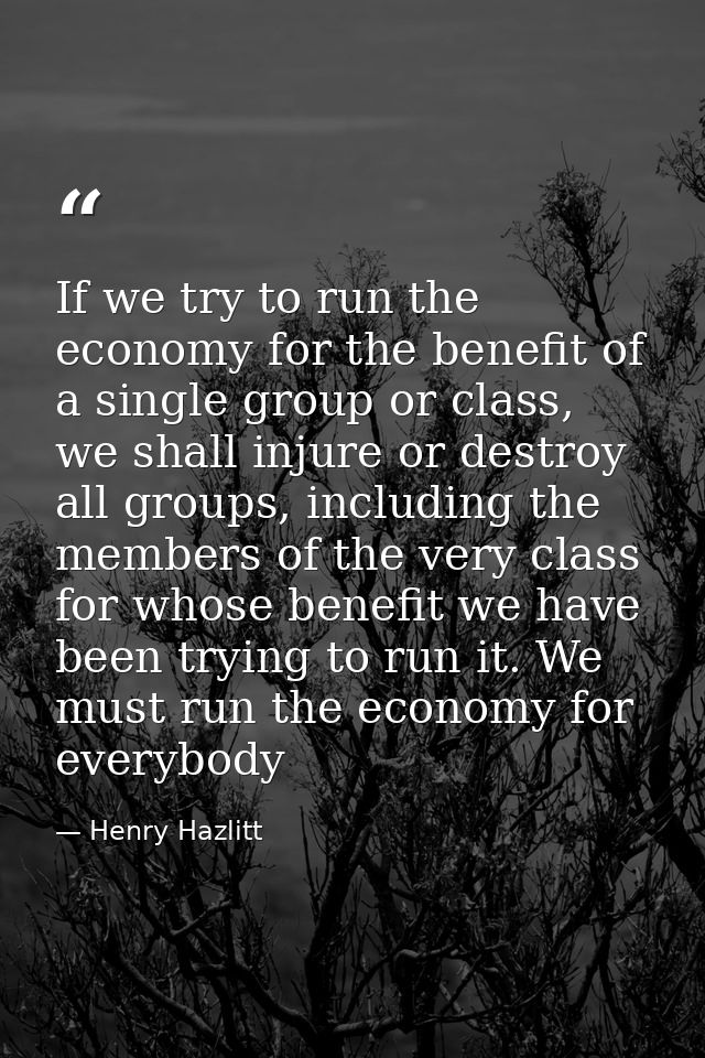 If we try to run the economy for the benefit of a single group or class, we shall injure or destroy all groups, includin — Henry Hazlitt
