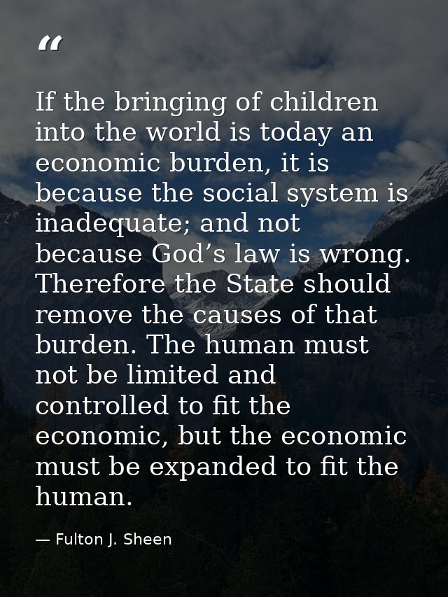 If the bringing of children into the world is today an economic burden, it is because the social system is inadequate; a — Fulton J. Sheen