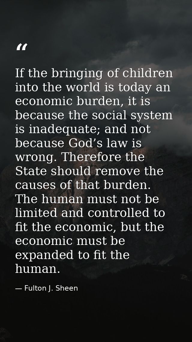 If the bringing of children into the world is today an economic burden, it is because the social system is inadequate; a — Fulton J. Sheen
