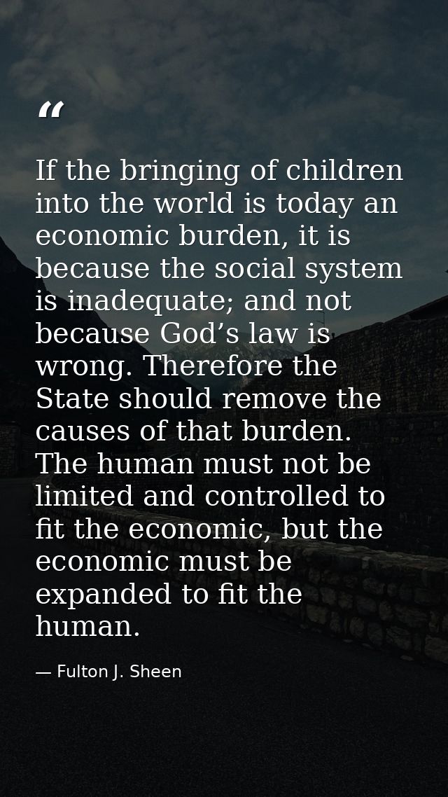 If the bringing of children into the world is today an economic burden, it is because the social system is inadequate; a — Fulton J. Sheen