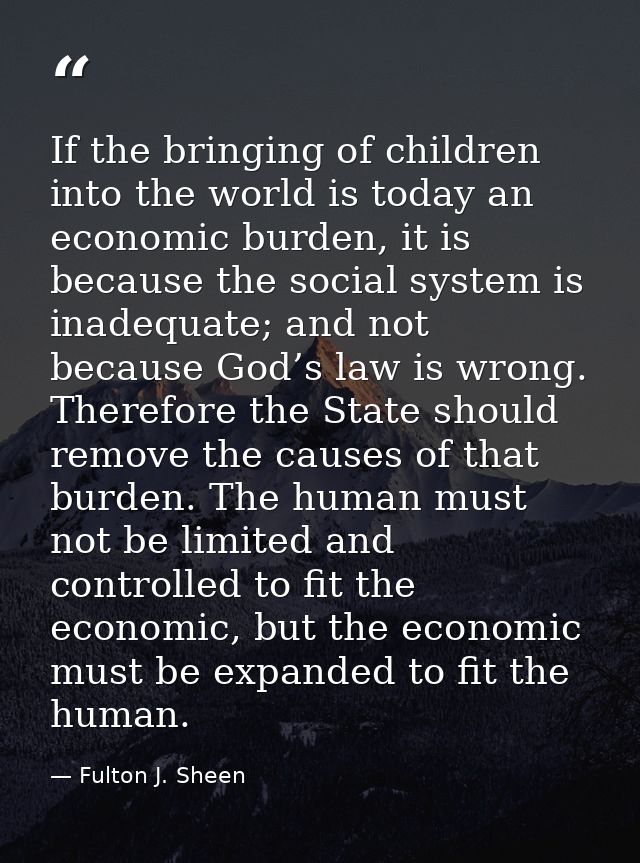 If the bringing of children into the world is today an economic burden, it is because the social system is inadequate; a — Fulton J. Sheen