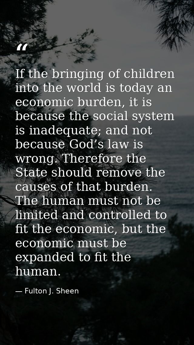If the bringing of children into the world is today an economic burden, it is because the social system is inadequate; a — Fulton J. Sheen