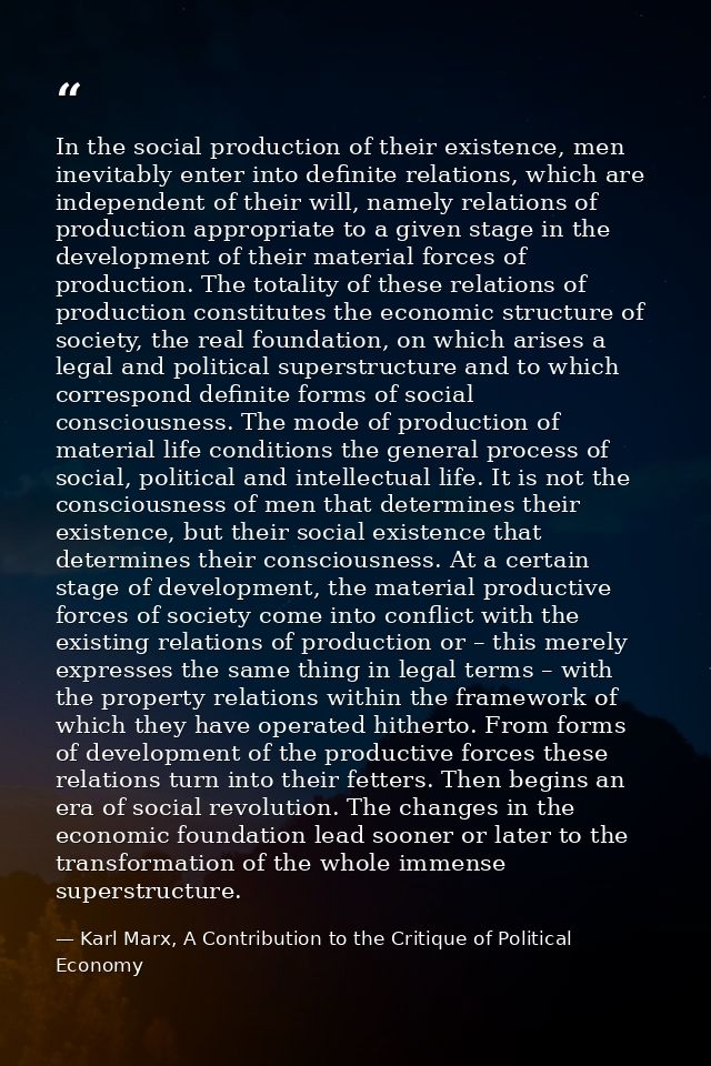 In the social production of their existence, men inevitably enter into definite relations, which are independent of thei — Karl Marx, A Contribution to the Critique of Political Economy