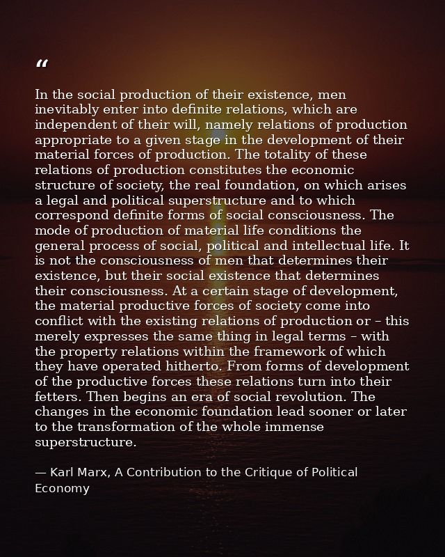 In the social production of their existence, men inevitably enter into definite relations, which are independent of thei — Karl Marx, A Contribution to the Critique of Political Economy
