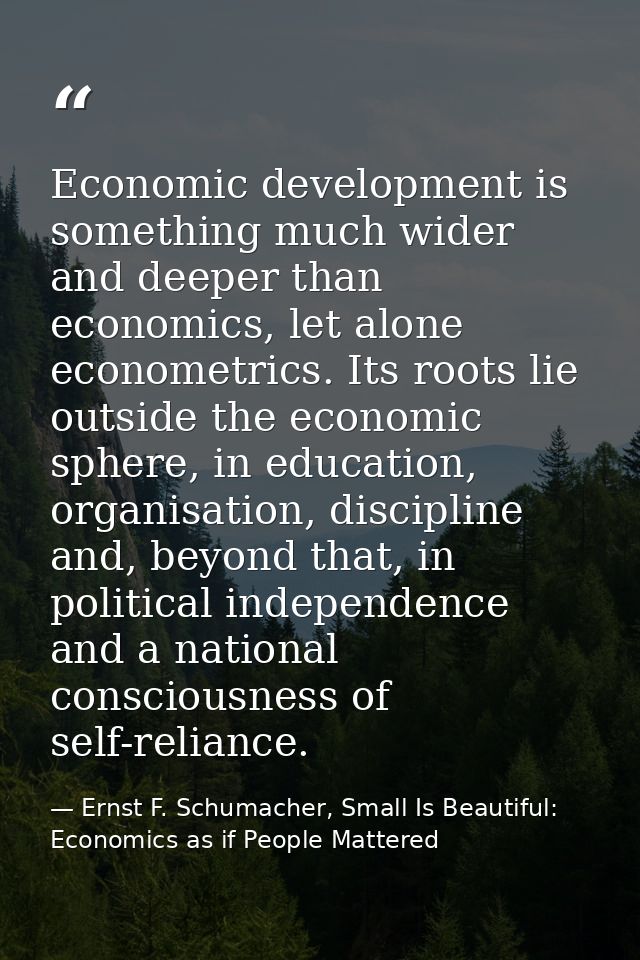 Economic development is something much wider and deeper than economics, let alone econometrics. Its roots lie outside th — Ernst F. Schumacher, Small Is Beautiful: Economics as if People Mattered