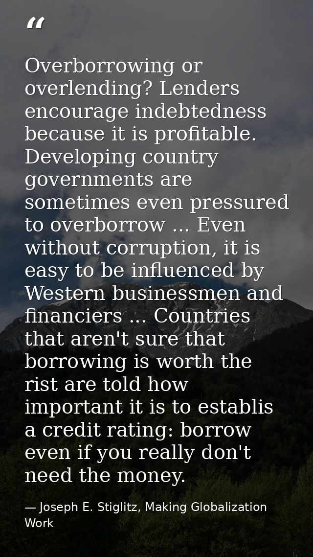 Overborrowing or overlending? Lenders encourage indebtedness because it is profitable. Developing country governments ar — Joseph E. Stiglitz, Making Globalization Work