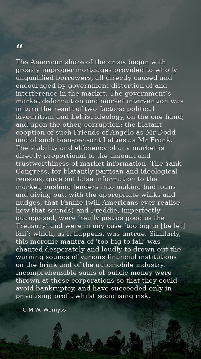 The American share of the crisis began with grossly improper mortgages provided to wholly unqualified borrowers, all dir — G.M.W. Wemyss