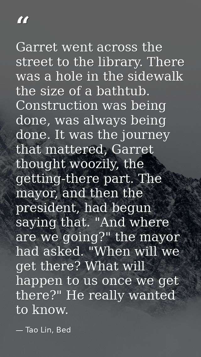 Garret went across the street to the library. There was a hole in the sidewalk the size of a bathtub. Construction was b — Tao Lin, Bed
