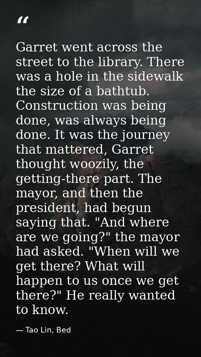Garret went across the street to the library. There was a hole in the sidewalk the size of a bathtub. Construction was b — Tao Lin, Bed