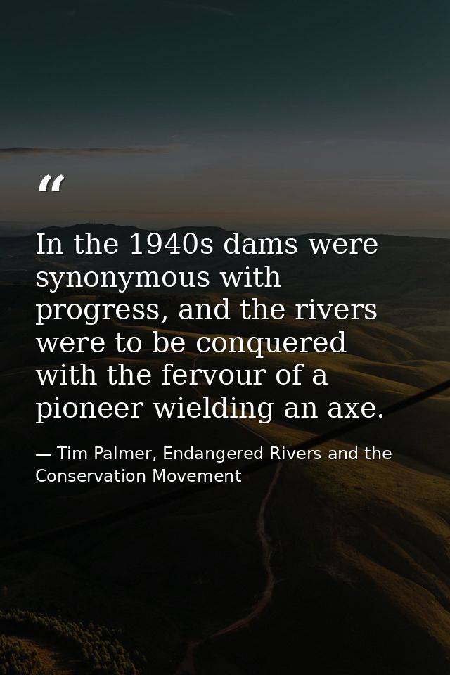 In the 1940s dams were synonymous with progress, and the rivers were to be conquered with the fervour of a pioneer wield — Tim Palmer, Endangered Rivers and the Conservation Movement
