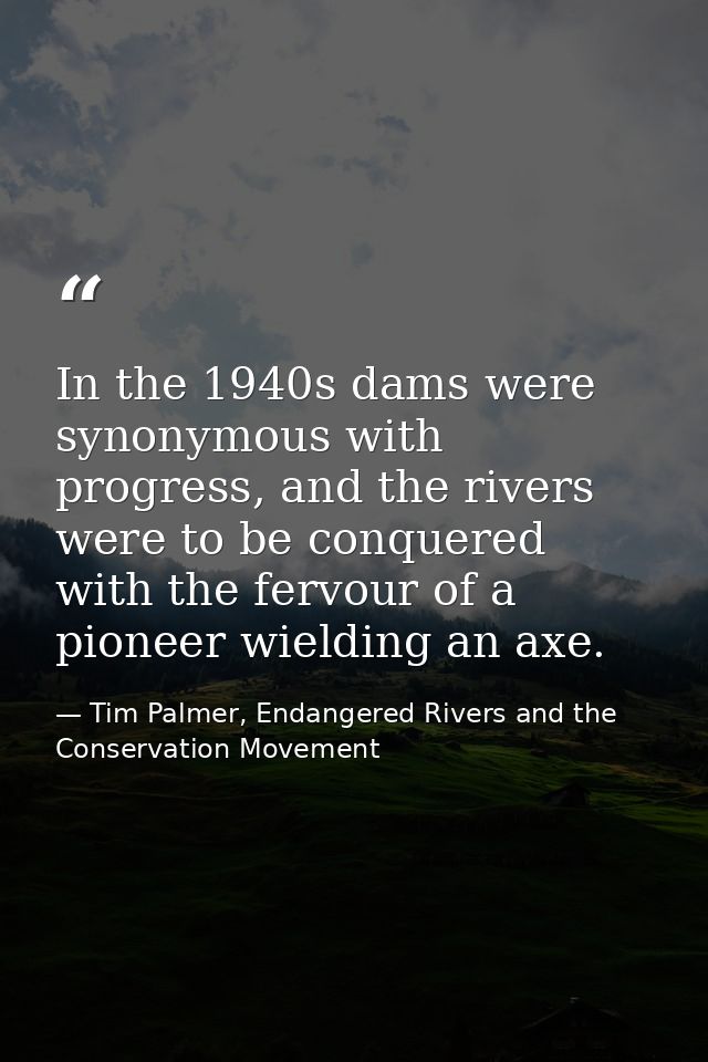 In the 1940s dams were synonymous with progress, and the rivers were to be conquered with the fervour of a pioneer wield — Tim Palmer, Endangered Rivers and the Conservation Movement