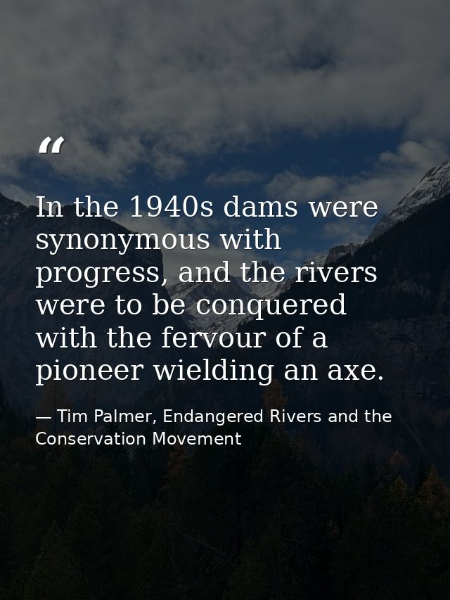 In the 1940s dams were synonymous with progress, and the rivers were to be conquered with the fervour of a pioneer wield — Tim Palmer, Endangered Rivers and the Conservation Movement