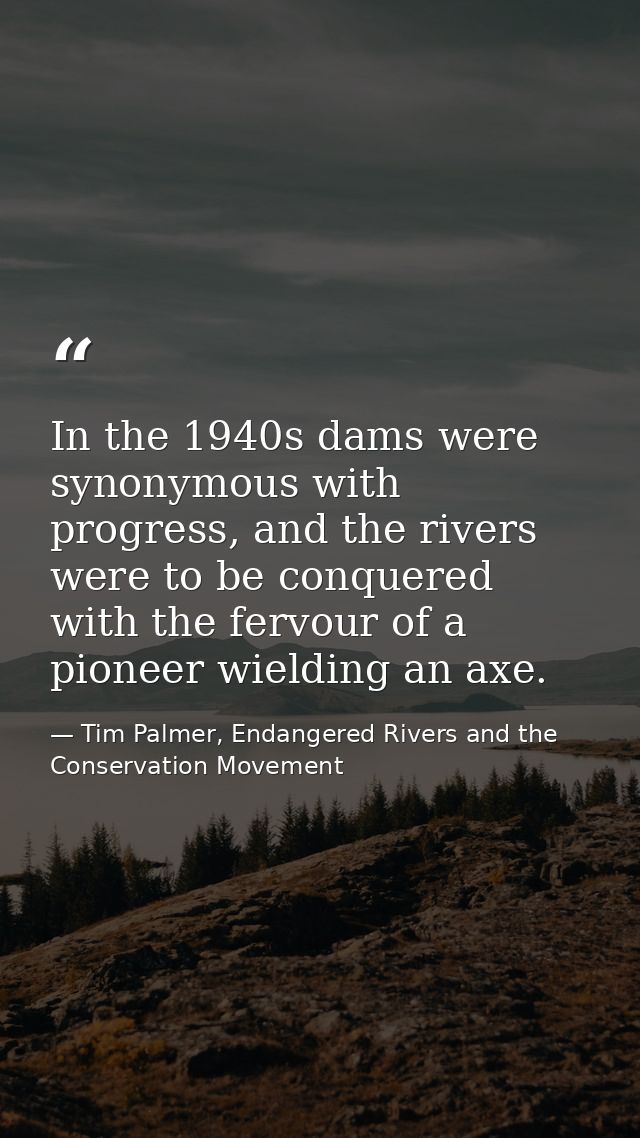 In the 1940s dams were synonymous with progress, and the rivers were to be conquered with the fervour of a pioneer wield — Tim Palmer, Endangered Rivers and the Conservation Movement