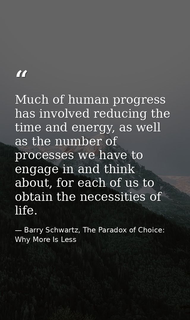 Much of human progress has involved reducing the time and energy, as well as the number of processes we have to engage i — Barry Schwartz, The Paradox of Choice: Why More Is Less