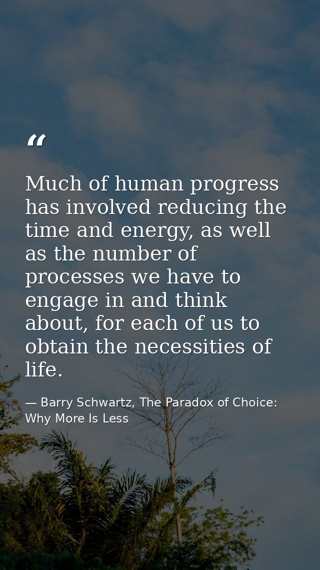 Much of human progress has involved reducing the time and energy, as well as the number of processes we have to engage i — Barry Schwartz, The Paradox of Choice: Why More Is Less