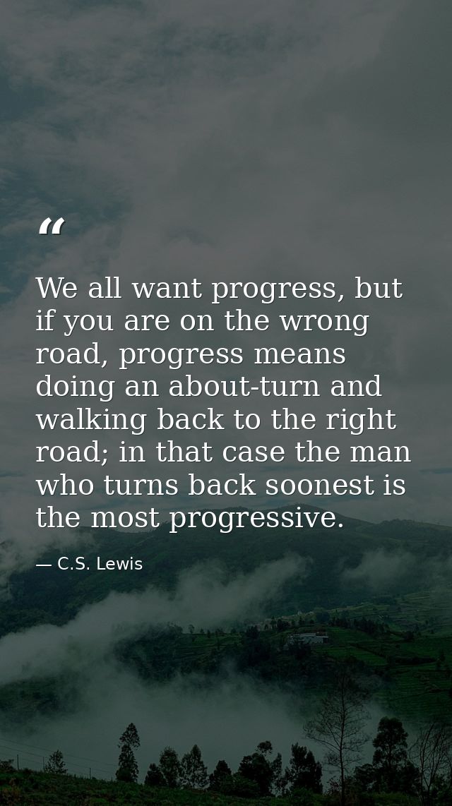 We all want progress, but if you are on the wrong road, progress means doing an about-turn and walking back to the right — C.S. Lewis