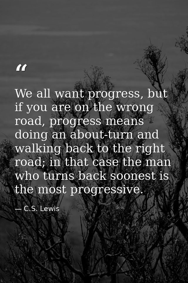We all want progress, but if you are on the wrong road, progress means doing an about-turn and walking back to the right — C.S. Lewis