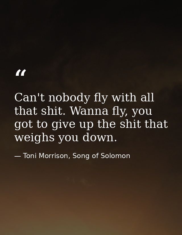 Can't nobody fly with all that shit. Wanna fly, you got to give up the shit that weighs you down. — Toni Morrison, Song of Solomon