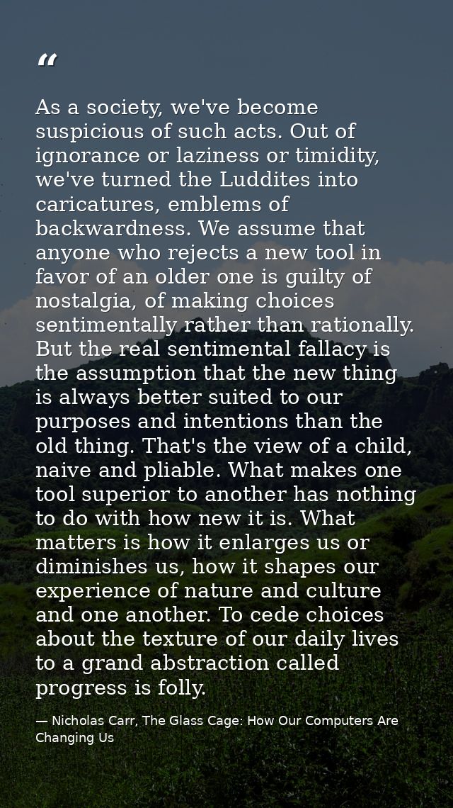 As a society, we've become suspicious of such acts. Out of ignorance or laziness or timidity, we've turned the Luddites  — Nicholas Carr, The Glass Cage: How Our Computers Are Changing Us