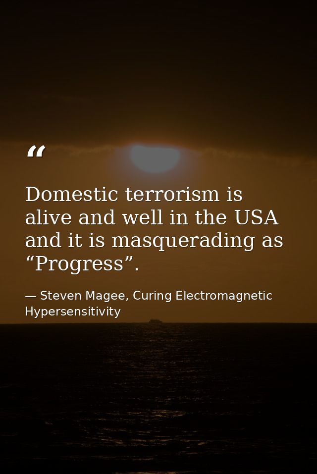 Domestic terrorism is alive and well in the USA and it is masquerading as “Progress”. — Steven Magee, Curing Electromagnetic Hypersensitivity