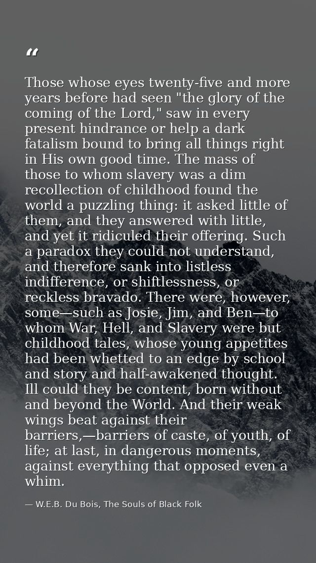 Those whose eyes twenty-five and more years before had seen "the glory of the coming of the Lord," saw in every present  — W.E.B. Du Bois, The Souls of Black Folk