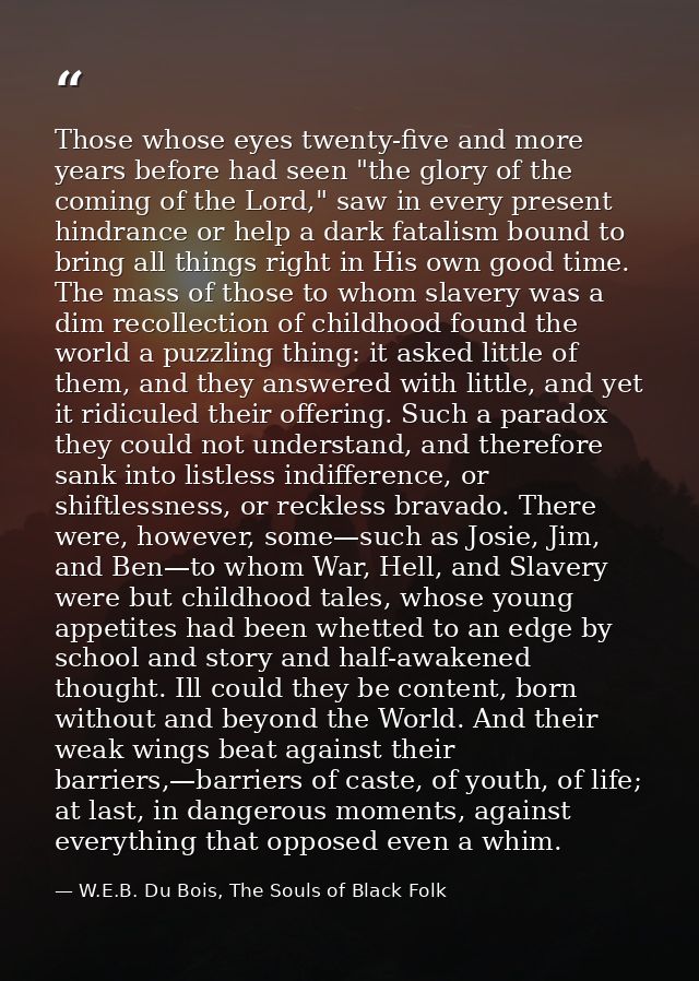 Those whose eyes twenty-five and more years before had seen "the glory of the coming of the Lord," saw in every present  — W.E.B. Du Bois, The Souls of Black Folk
