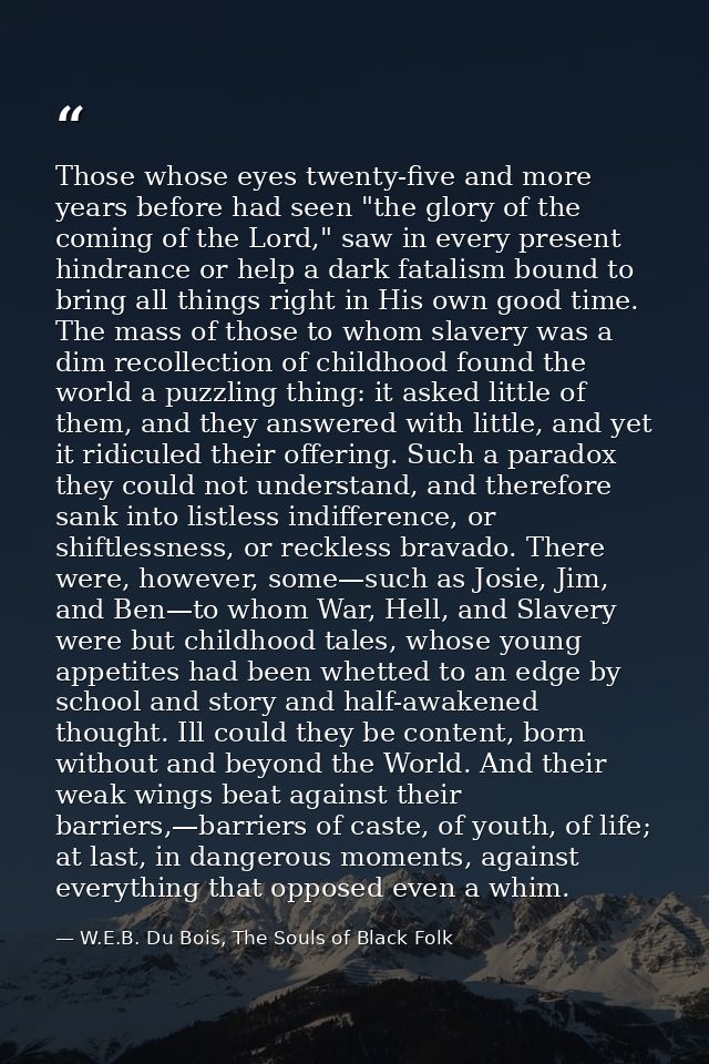 Those whose eyes twenty-five and more years before had seen "the glory of the coming of the Lord," saw in every present  — W.E.B. Du Bois, The Souls of Black Folk