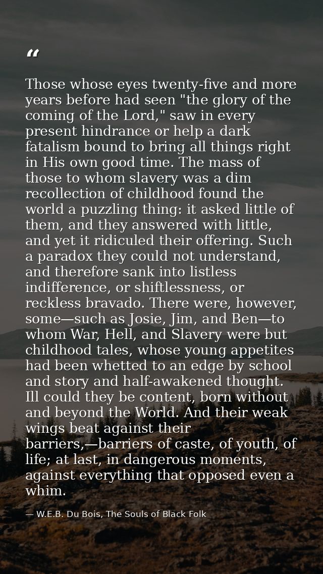 Those whose eyes twenty-five and more years before had seen "the glory of the coming of the Lord," saw in every present  — W.E.B. Du Bois, The Souls of Black Folk