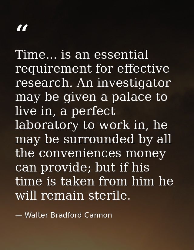 Time... is an essential requirement for effective research. An investigator may be given a palace to live in, a perfect  — Walter Bradford Cannon
