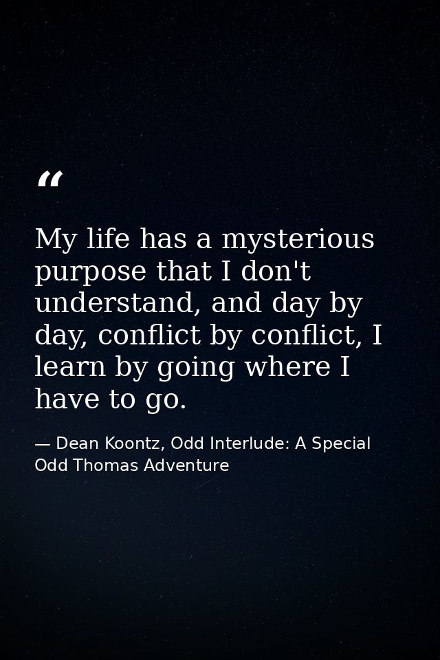 My life has a mysterious purpose that I don't understand, and day by day, conflict by conflict, I learn by going where I — Dean Koontz, Odd Interlude: A Special Odd Thomas Adventure