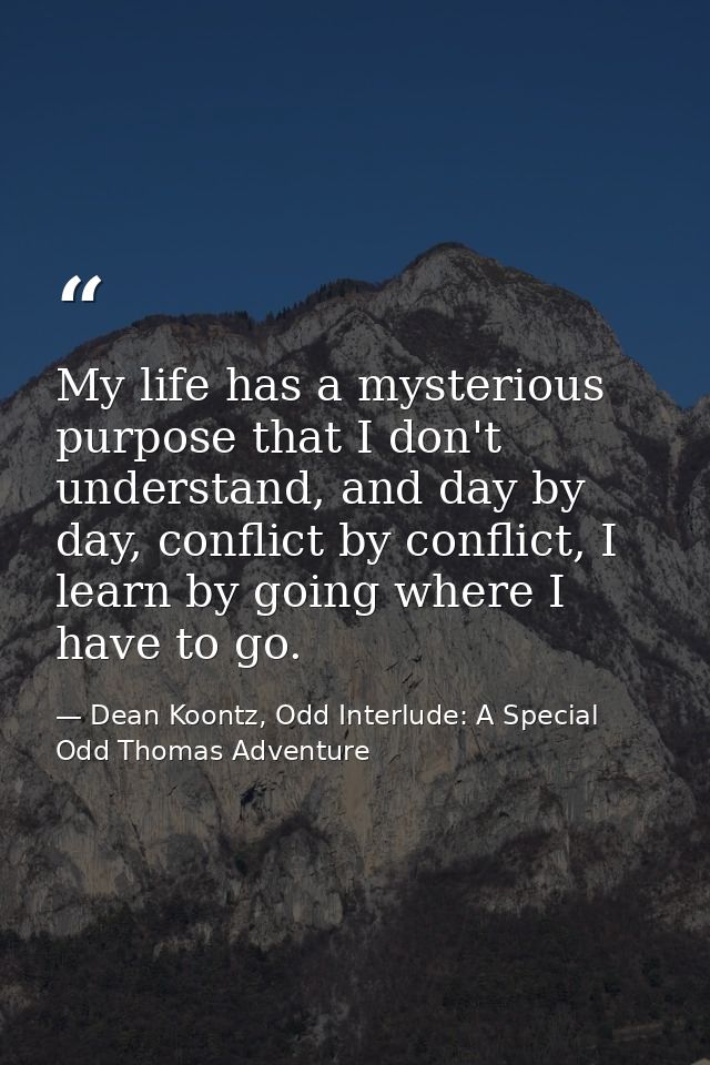 My life has a mysterious purpose that I don't understand, and day by day, conflict by conflict, I learn by going where I — Dean Koontz, Odd Interlude: A Special Odd Thomas Adventure