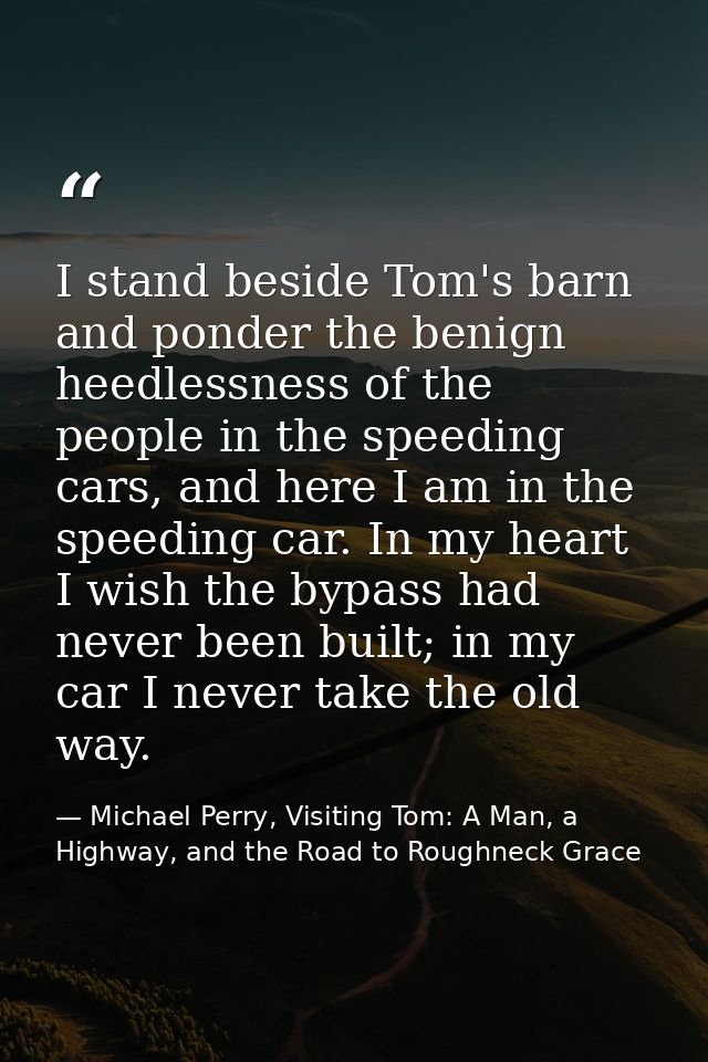 I stand beside Tom's barn and ponder the benign heedlessness of the people in the speeding cars, and here I am in the sp — Michael Perry, Visiting Tom: A Man, a Highway, and the Road to Roughneck Grace