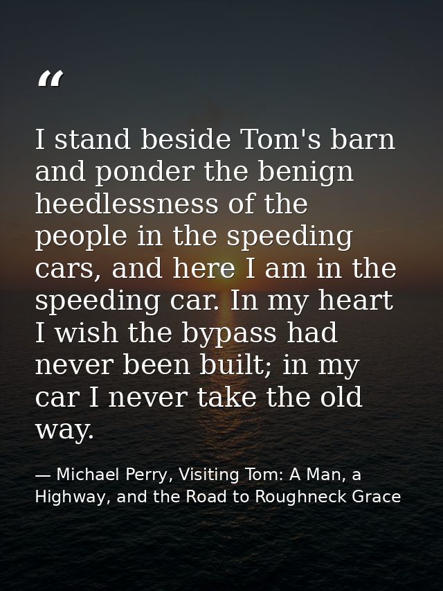 I stand beside Tom's barn and ponder the benign heedlessness of the people in the speeding cars, and here I am in the sp — Michael Perry, Visiting Tom: A Man, a Highway, and the Road to Roughneck Grace