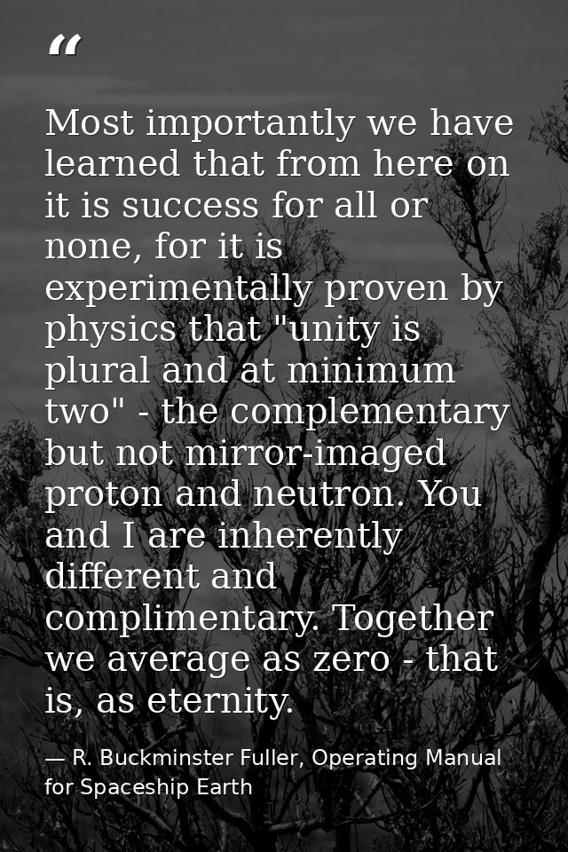 Most importantly we have learned that from here on it is success for all or none, for it is experimentally proven by phy — R. Buckminster Fuller, Operating Manual for Spaceship Earth