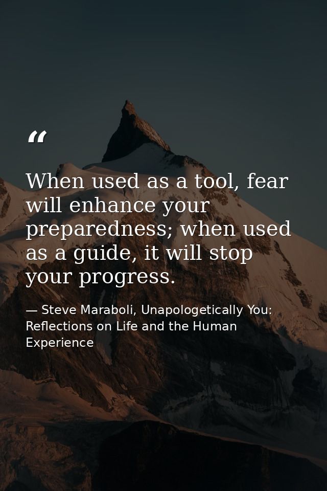 When used as a tool, fear will enhance your preparedness; when used as a guide, it will stop your progress. — Steve Maraboli, Unapologetically You: Reflections on Life and the Human Experience