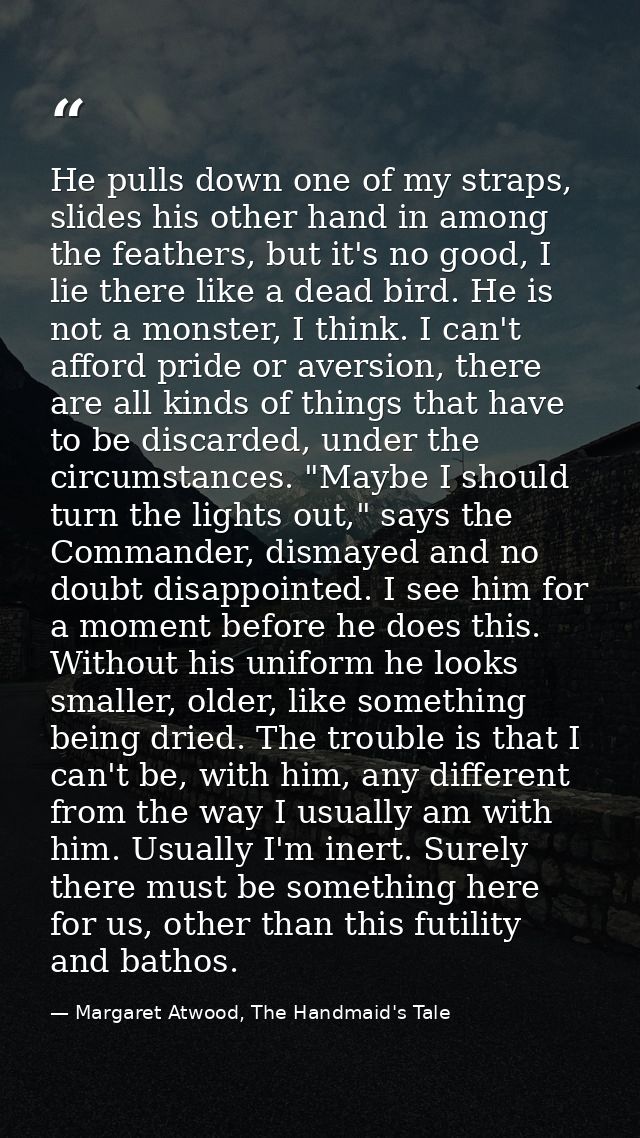 He pulls down one of my straps, slides his other hand in among the feathers, but it's no good, I lie there like a dead b — Margaret Atwood, The Handmaid's Tale