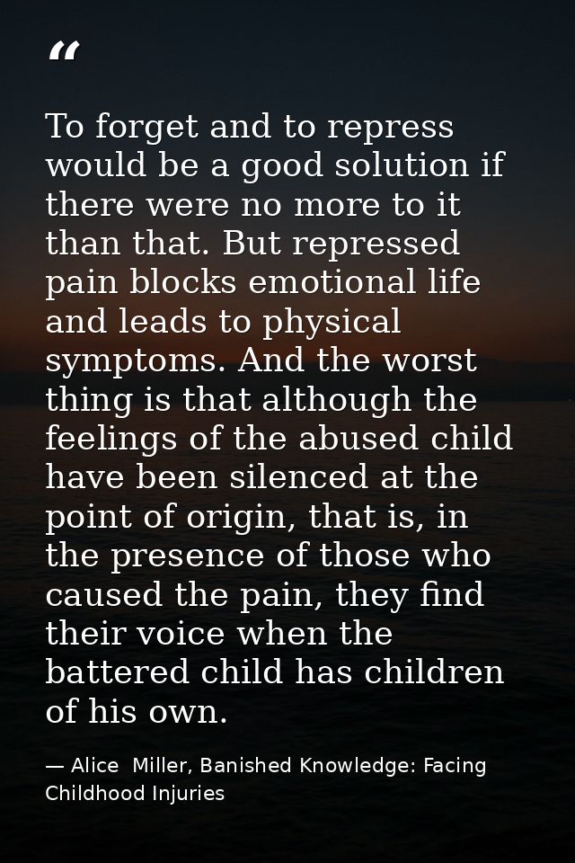 To forget and to repress would be a good solution if there were no more to it than that. But repressed pain blocks emoti — Alice  Miller, Banished Knowledge: Facing Childhood Injuries