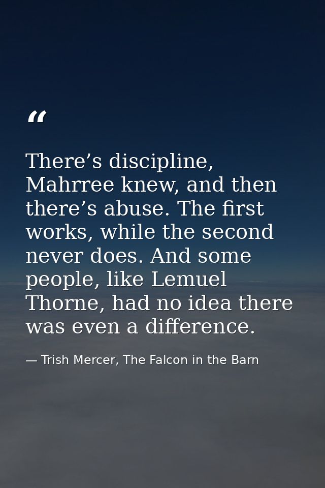 There’s discipline, Mahrree knew, and then there’s abuse. The first works, while the second never does. And some people, — Trish Mercer, The Falcon in the Barn