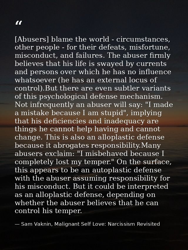 [Abusers] blame the world - circumstances, other people - for their defeats, misfortune, misconduct, and failures. The a — Sam Vaknin, Malignant Self Love: Narcissism Revisited